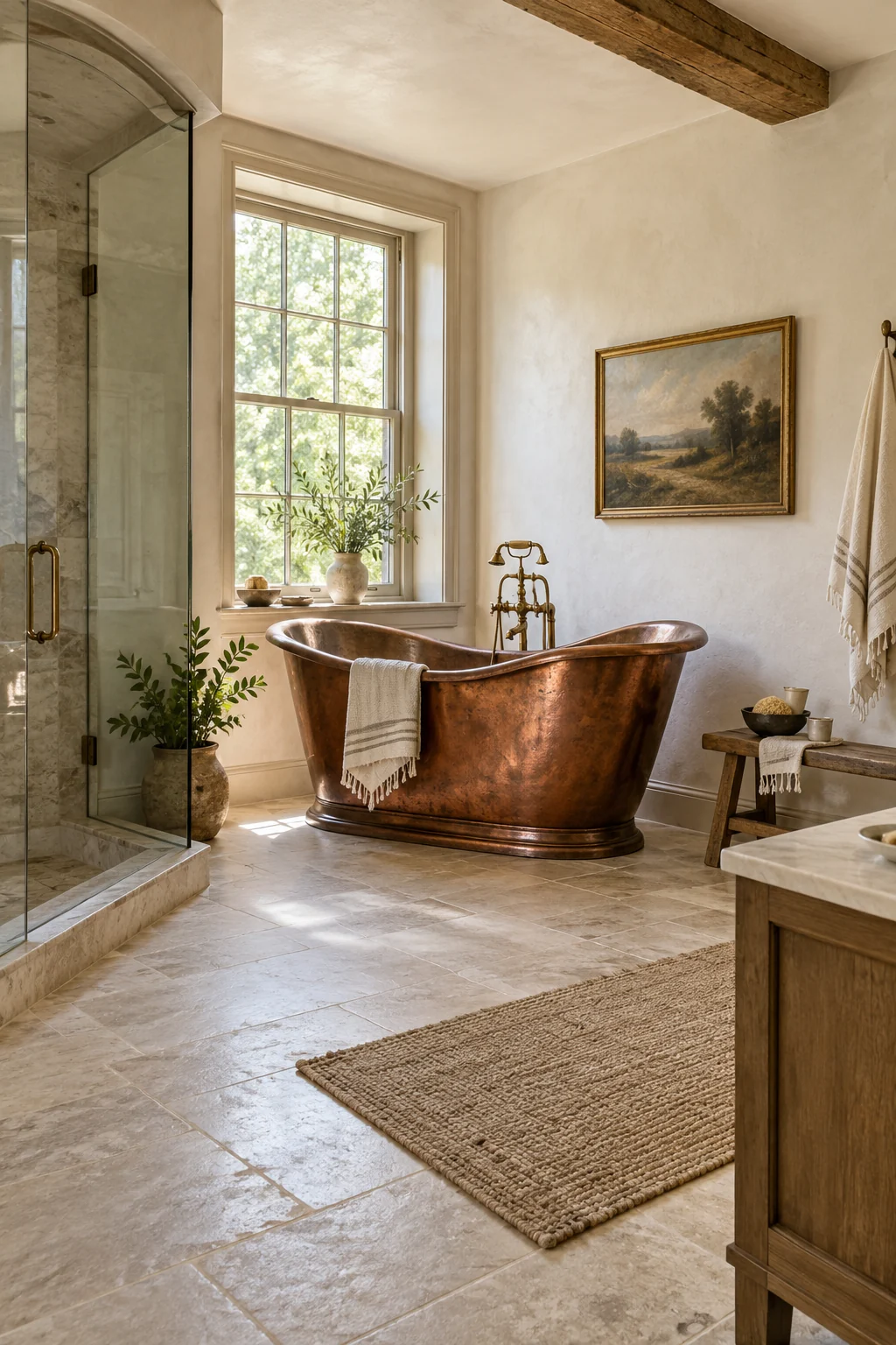Heritage bathroom with an aged copper slipper tub and limewashed walls