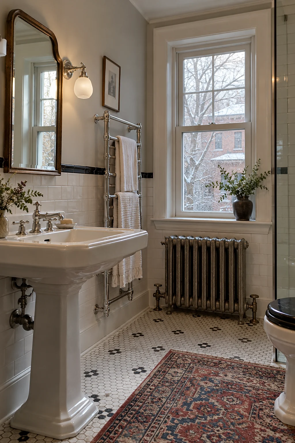 Prewar bathroom retaining a cast-iron radiator beside a pedestal sink