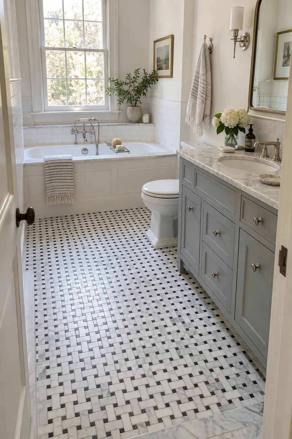 Vintage bathroom with a black-and-white basketweave mosaic floor