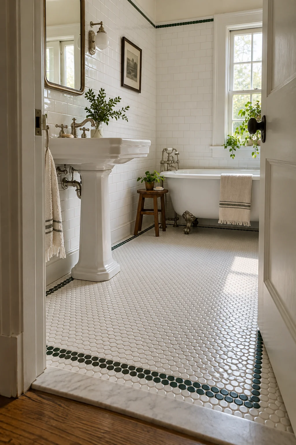 White penny-round floor with a slim dark green mosaic border
