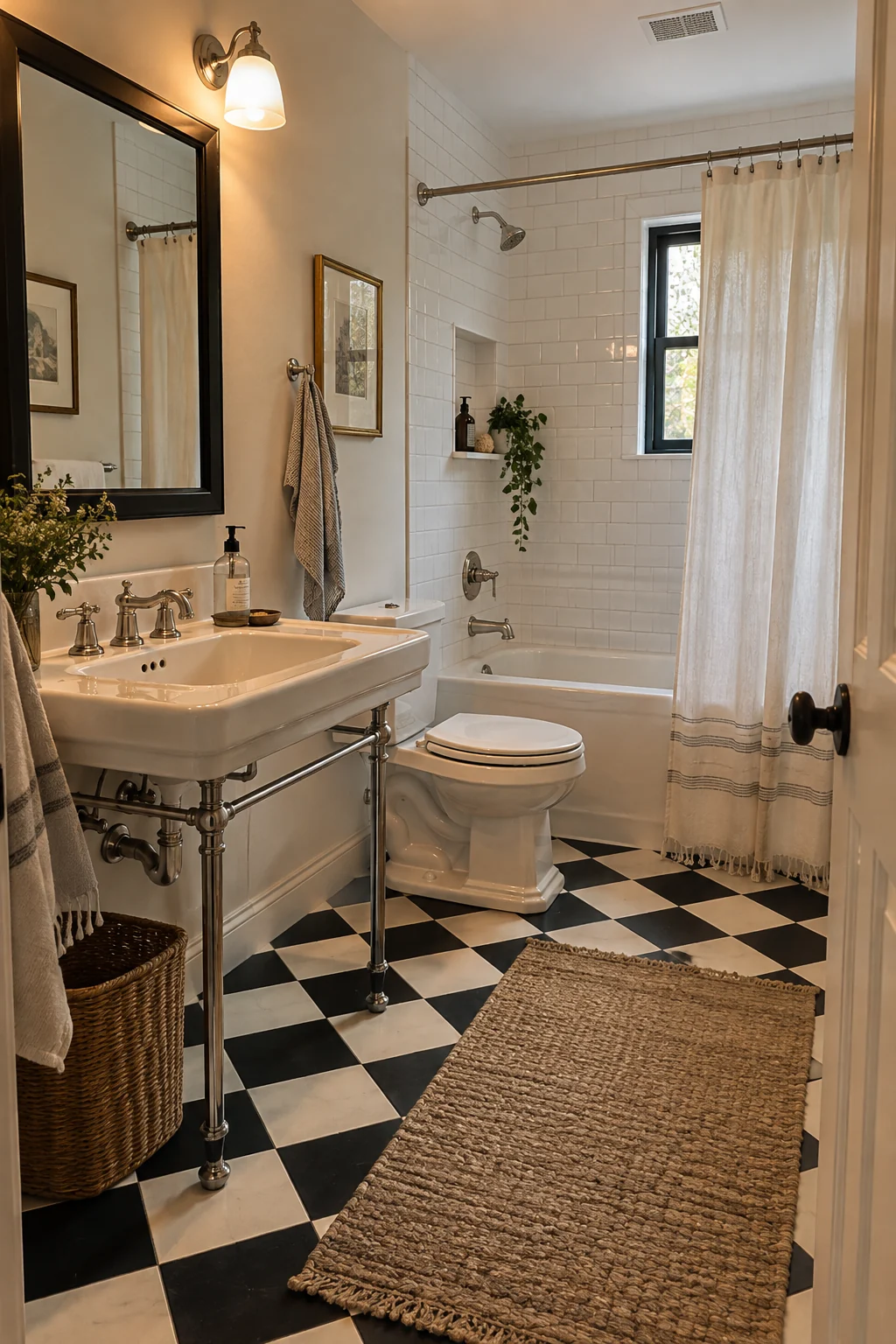 Bathroom with a warm black-and-white checkerboard porcelain floor