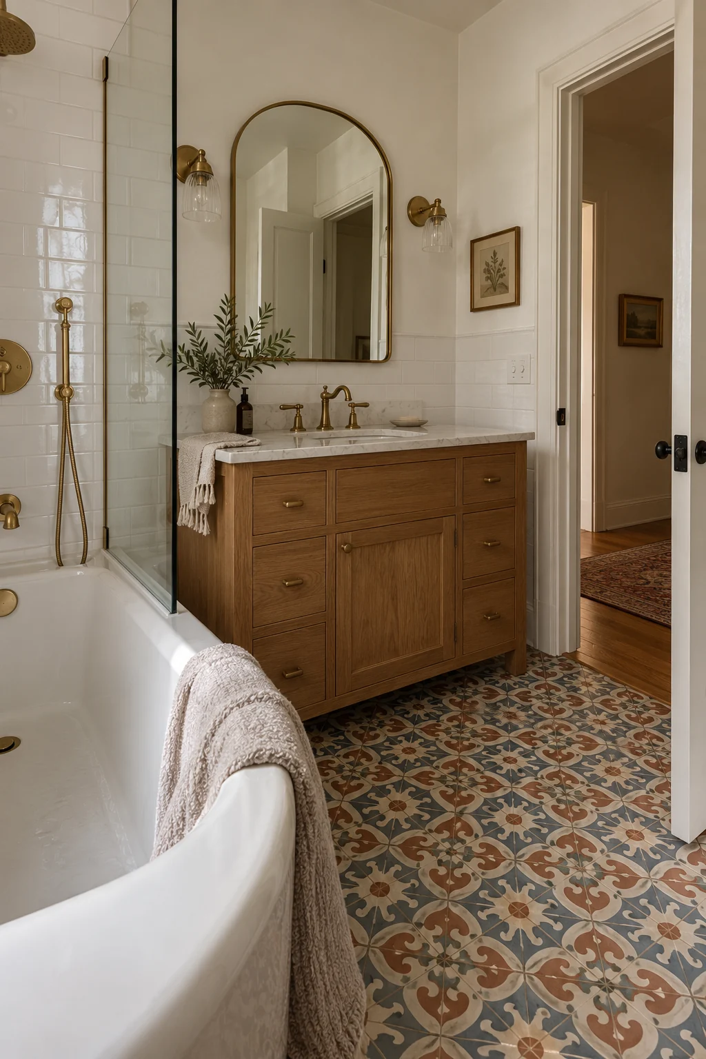 Vintage-inspired bathroom with muted encaustic-look patterned floor tile