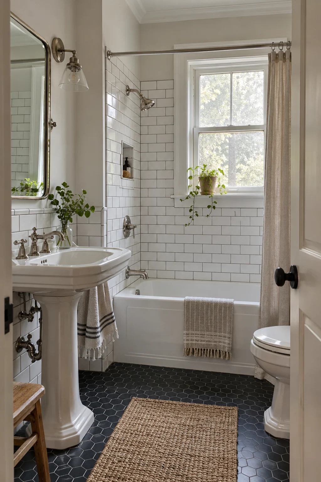 Classic bathroom with white subway tile and charcoal grout