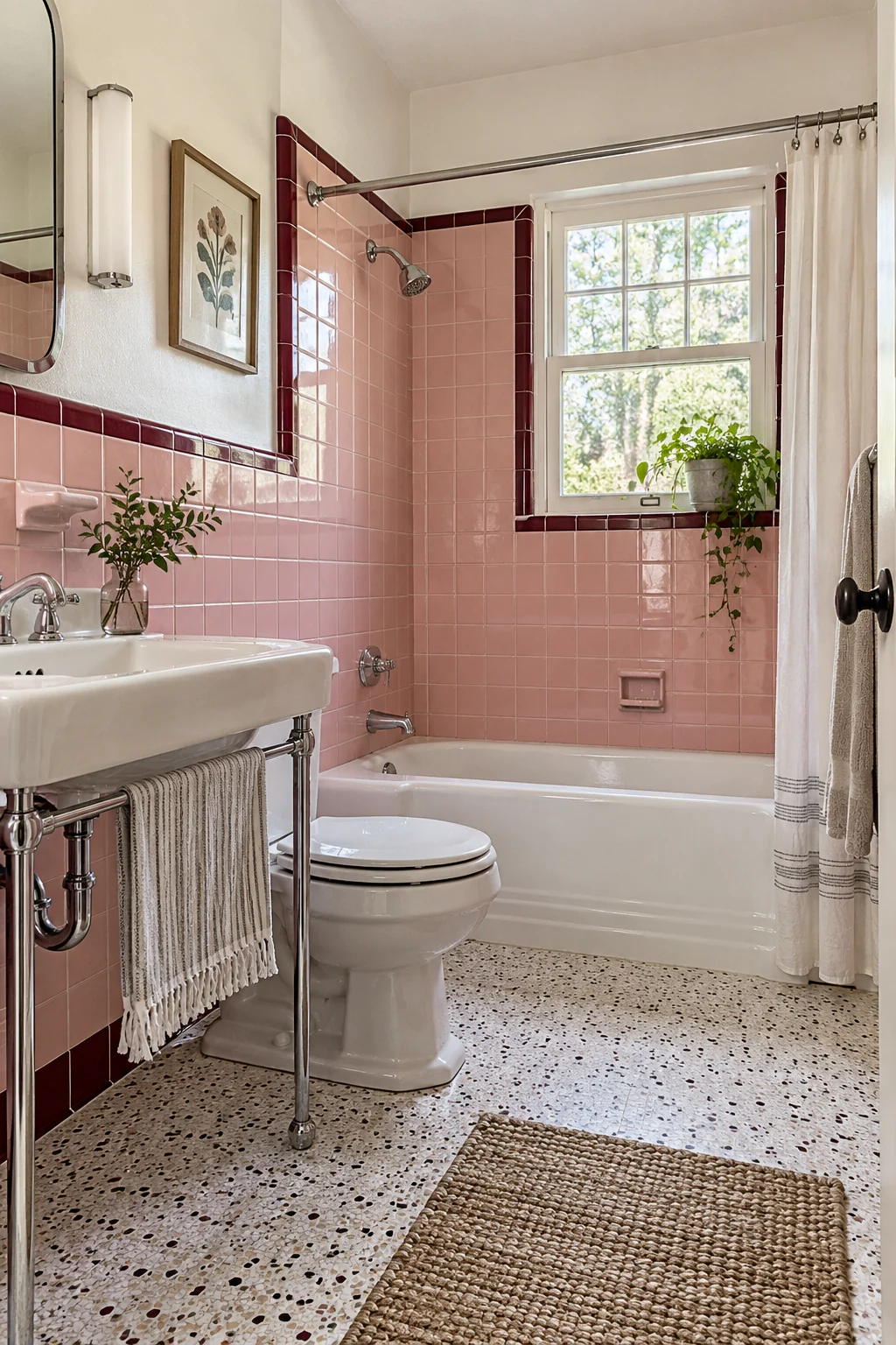 Restored pink four-inch wall tile with burgundy trim