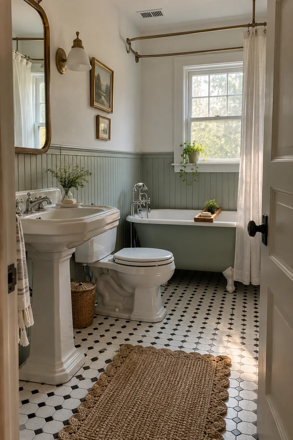 Cottage bathroom with pale sage beadboard wainscoting