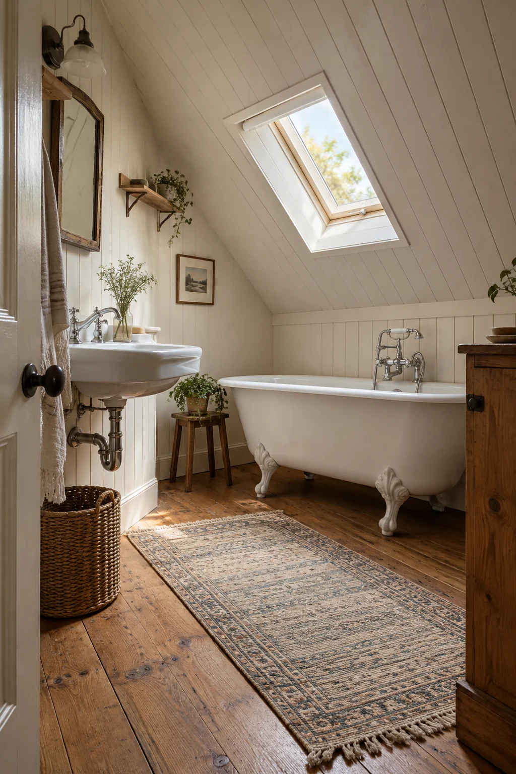 Attic bathroom with a cream paneled ceiling and clawfoot tub