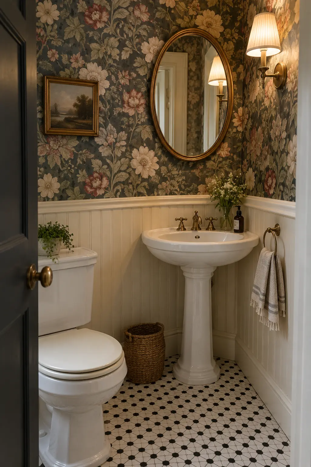 Floral-wallpaper powder room with ivory beadboard and pedestal sink