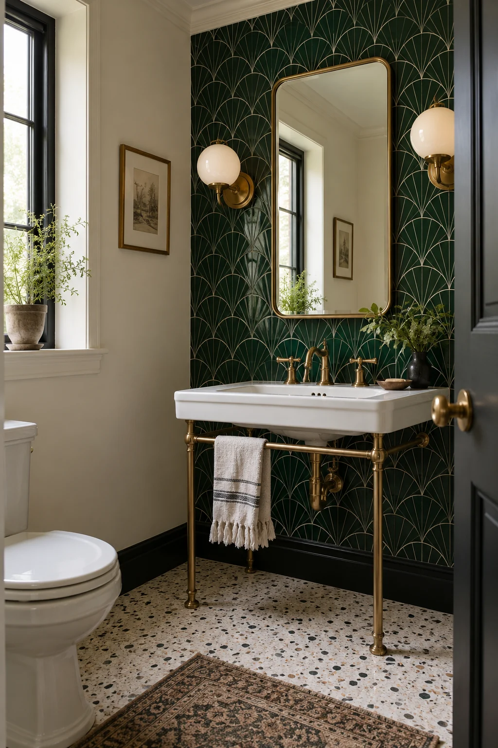 Art Deco bathroom with deep green fan tile and console sink