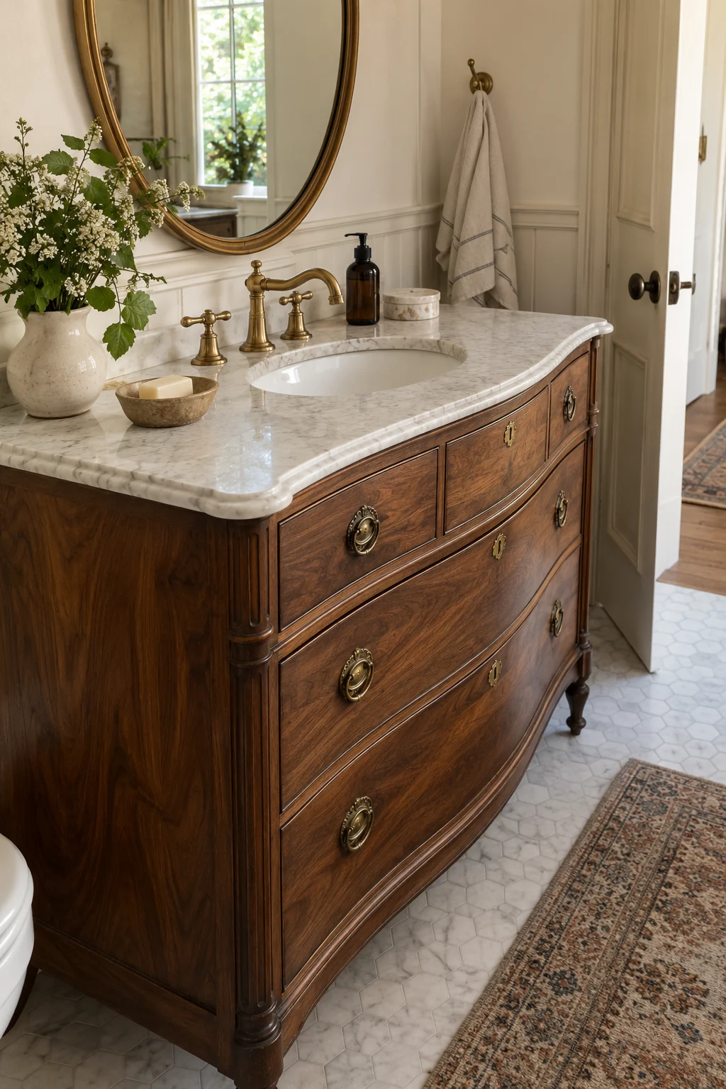 Antique walnut dresser converted into a bathroom vanity