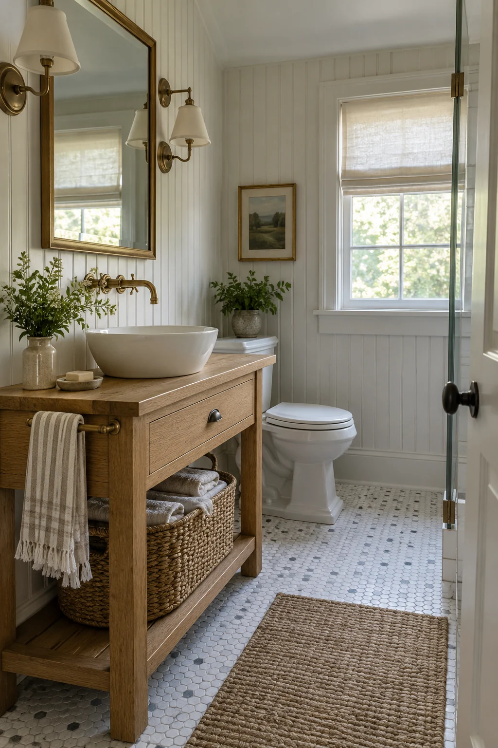 Oak washstand vanity with a white basin and open storage