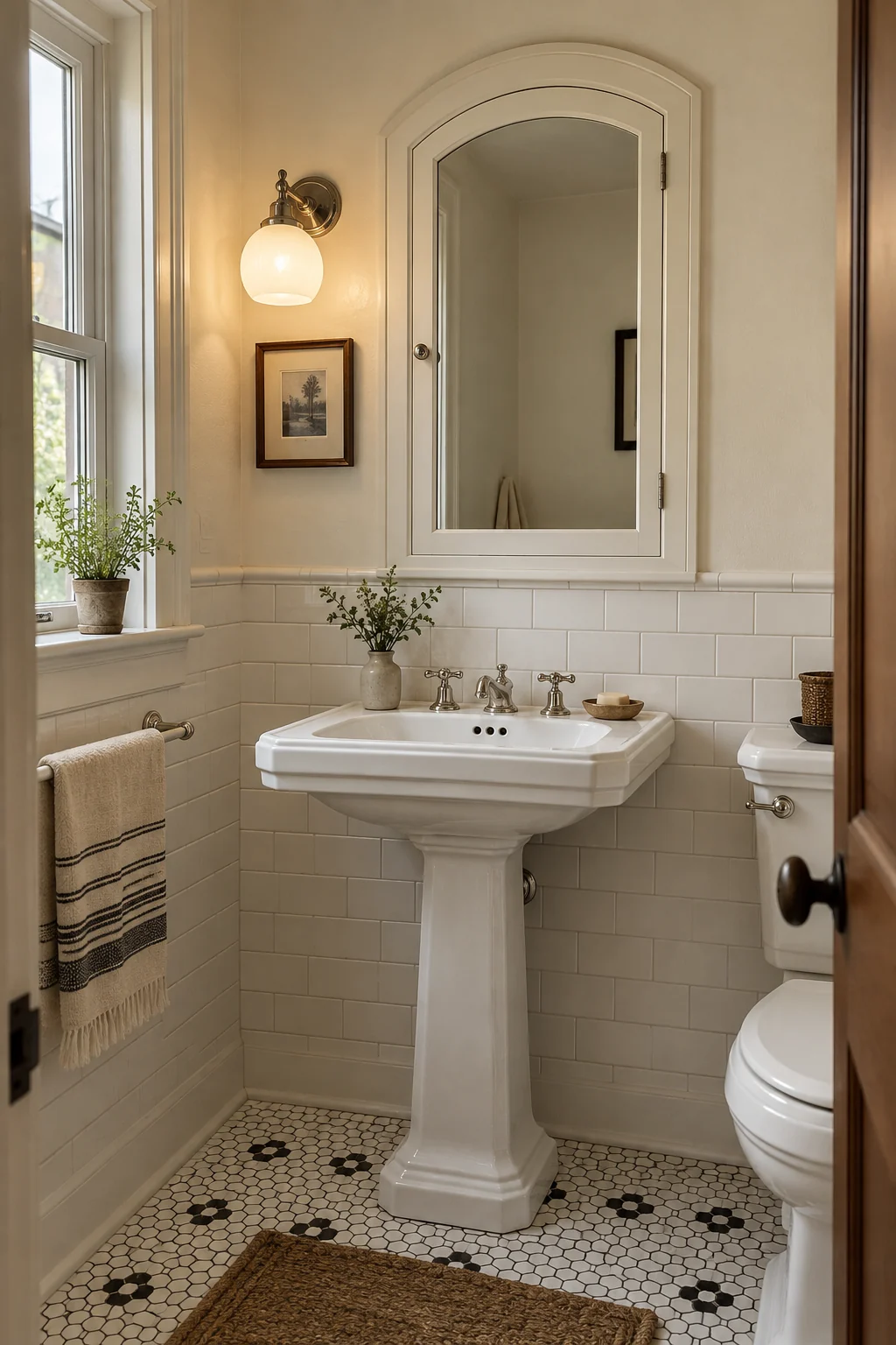 Arched recessed medicine cabinet over a pedestal sink