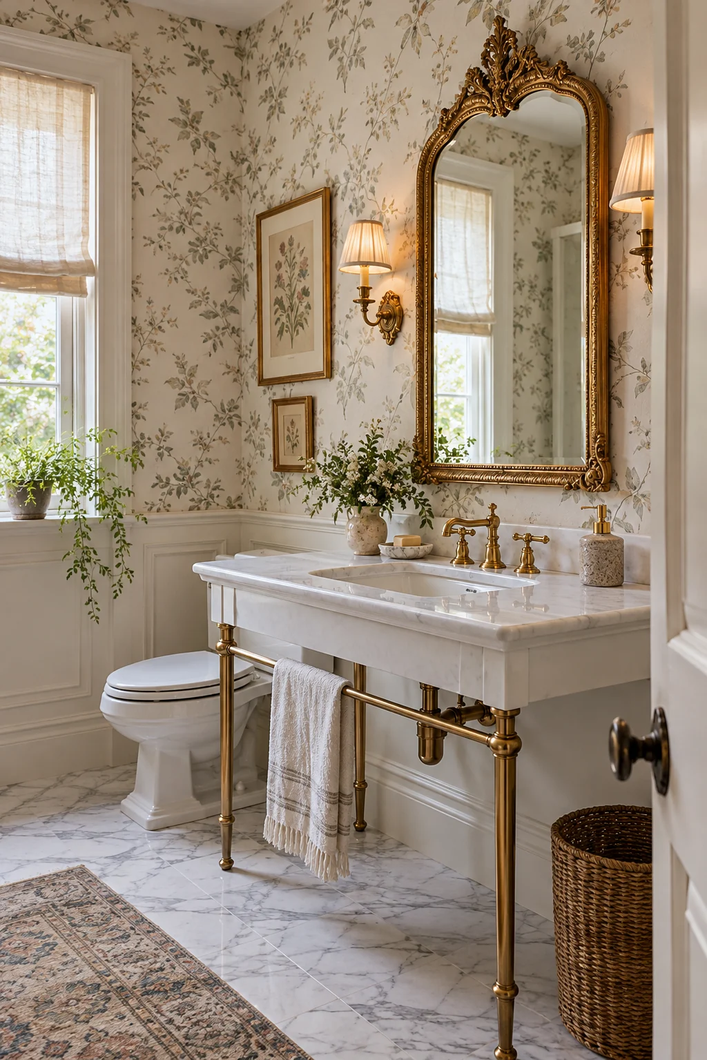 Ornate antique-gold mirror above a white console sink