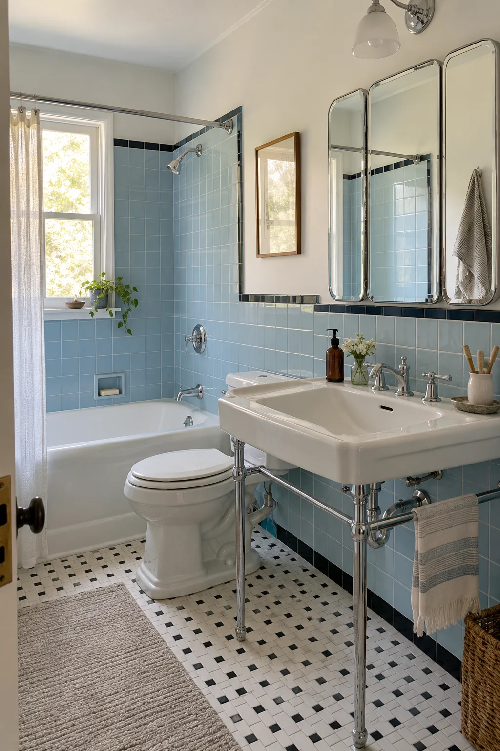 Vintage bathroom with a three-panel mirrored medicine cabinet