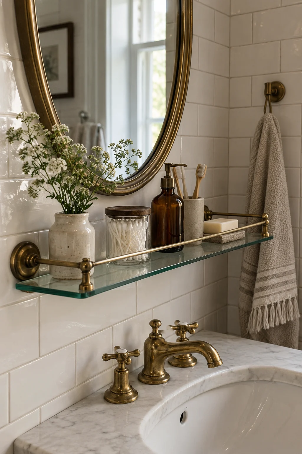 Tempered glass bathroom shelf with an aged brass rail