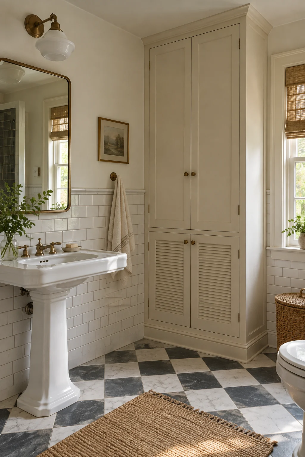 Cream built-in linen cabinet in a traditional bathroom corner