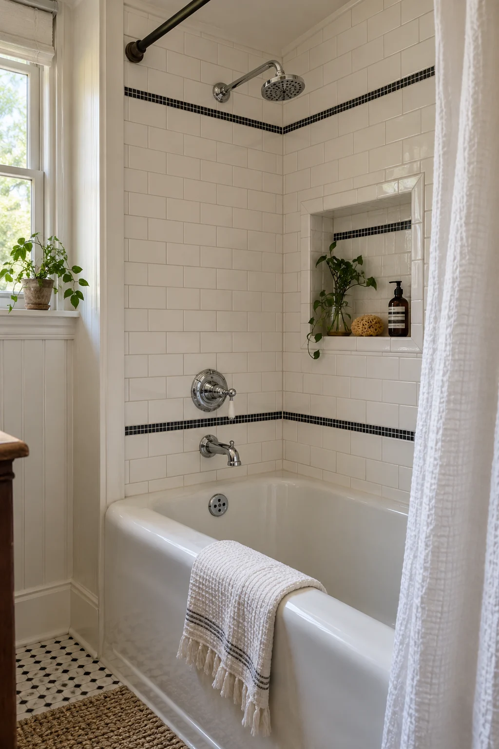 Subway-tile tub niche framed with a dark mosaic border
