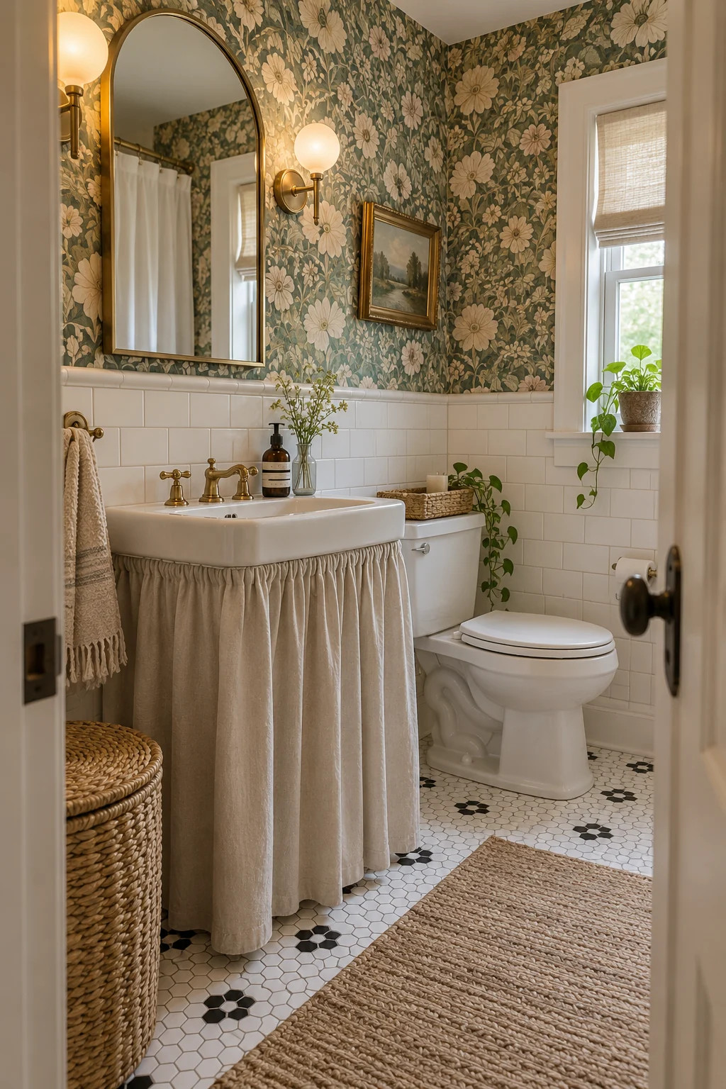 Renter-friendly vintage bathroom with a tailored sink skirt