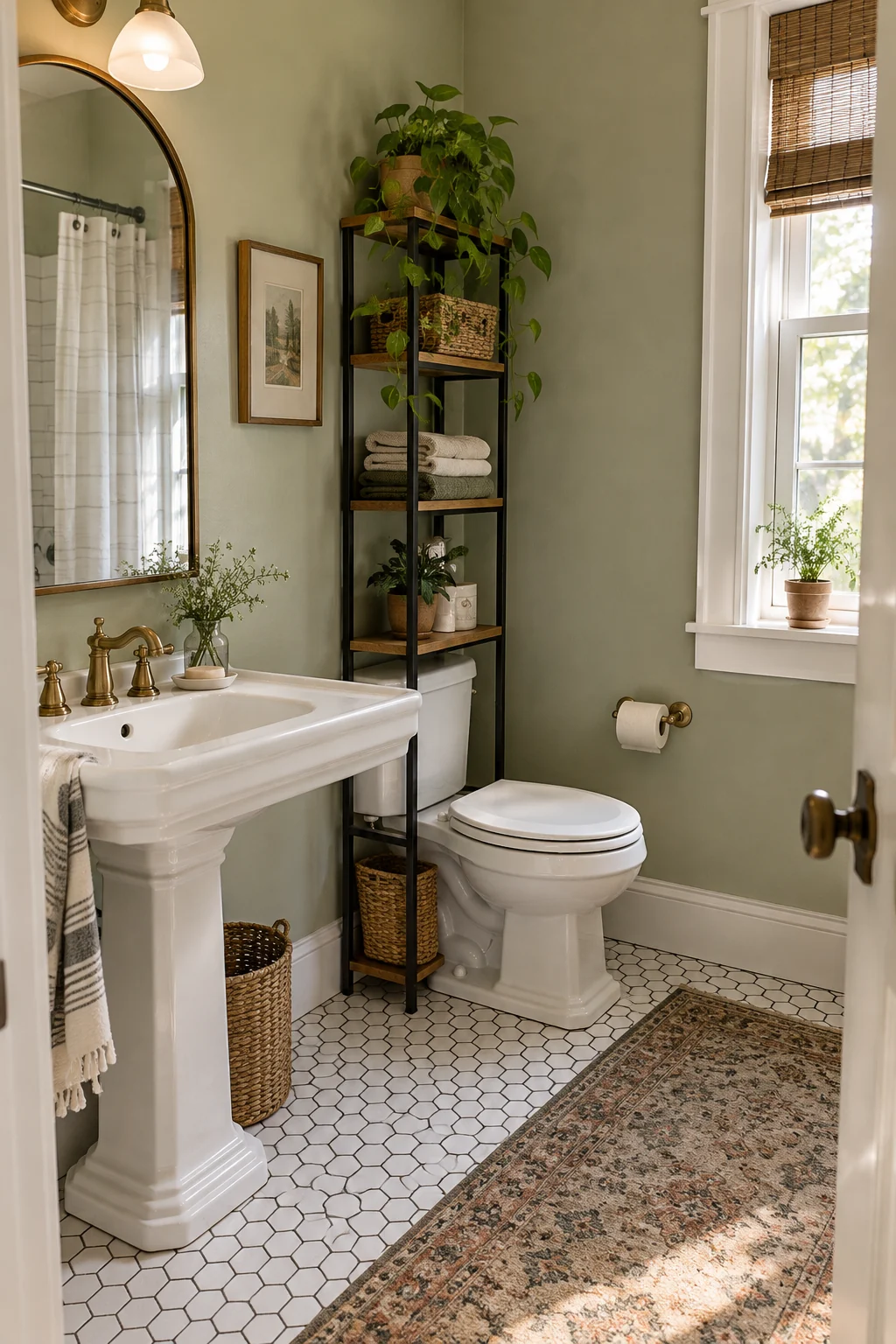 Narrow freestanding étagère beside a toilet in a small bathroom