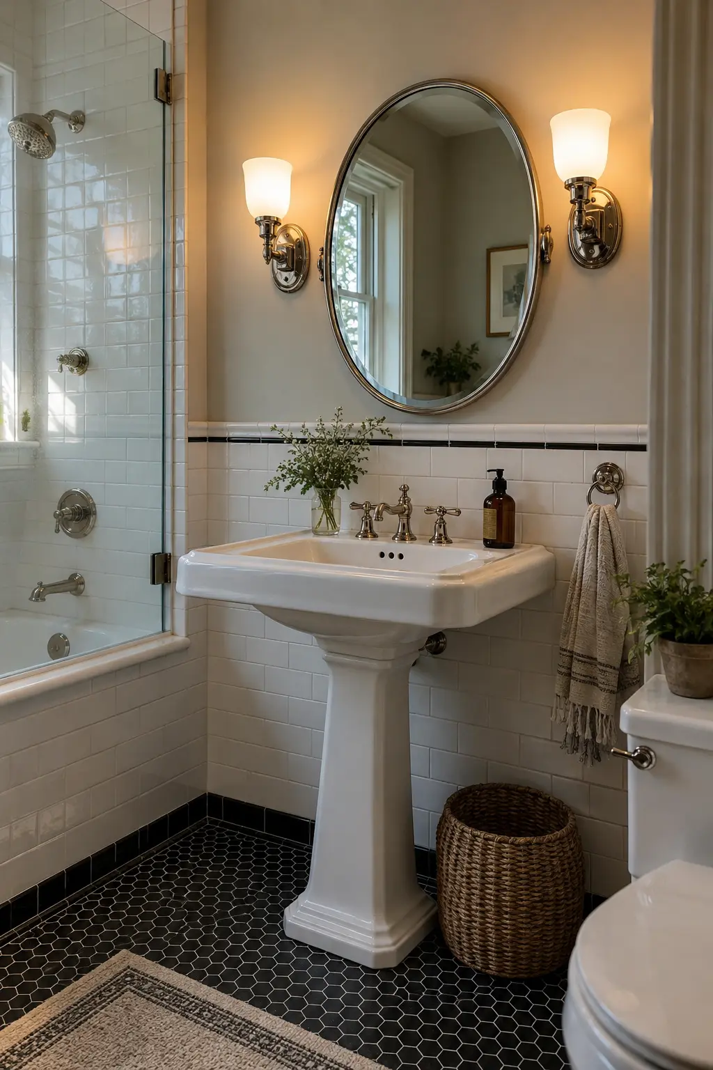 Pair of milk-glass sconces flanking an oval vanity mirror