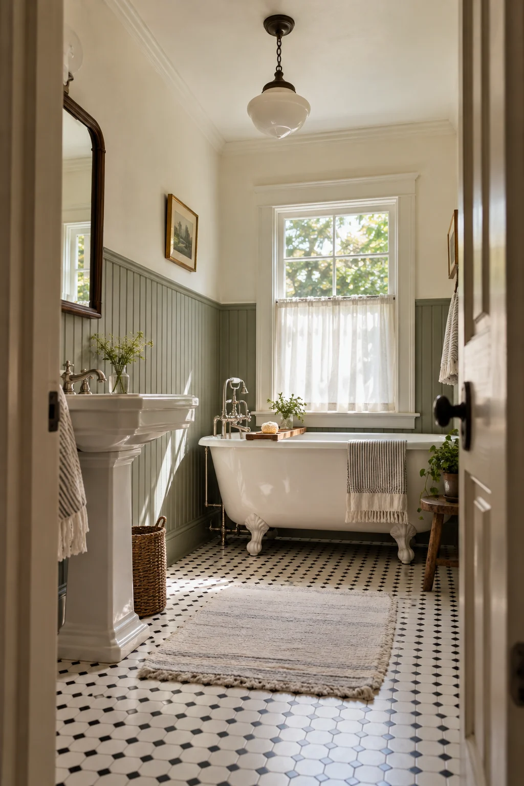 Schoolhouse ceiling light above a vintage clawfoot-tub bathroom