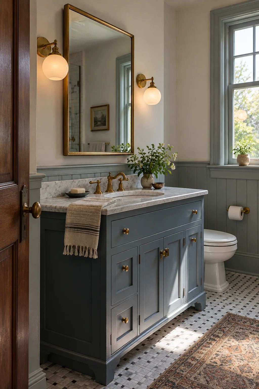 Opal globe sconces beside a brass mirror and blue vanity