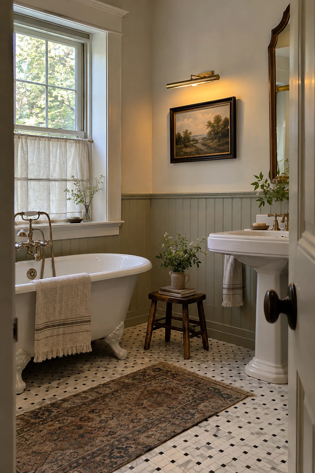 Picture light illuminating bathroom art on a dry wall