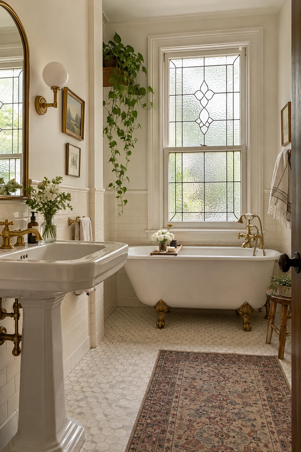Vintage bathroom with a leaded privacy-glass window