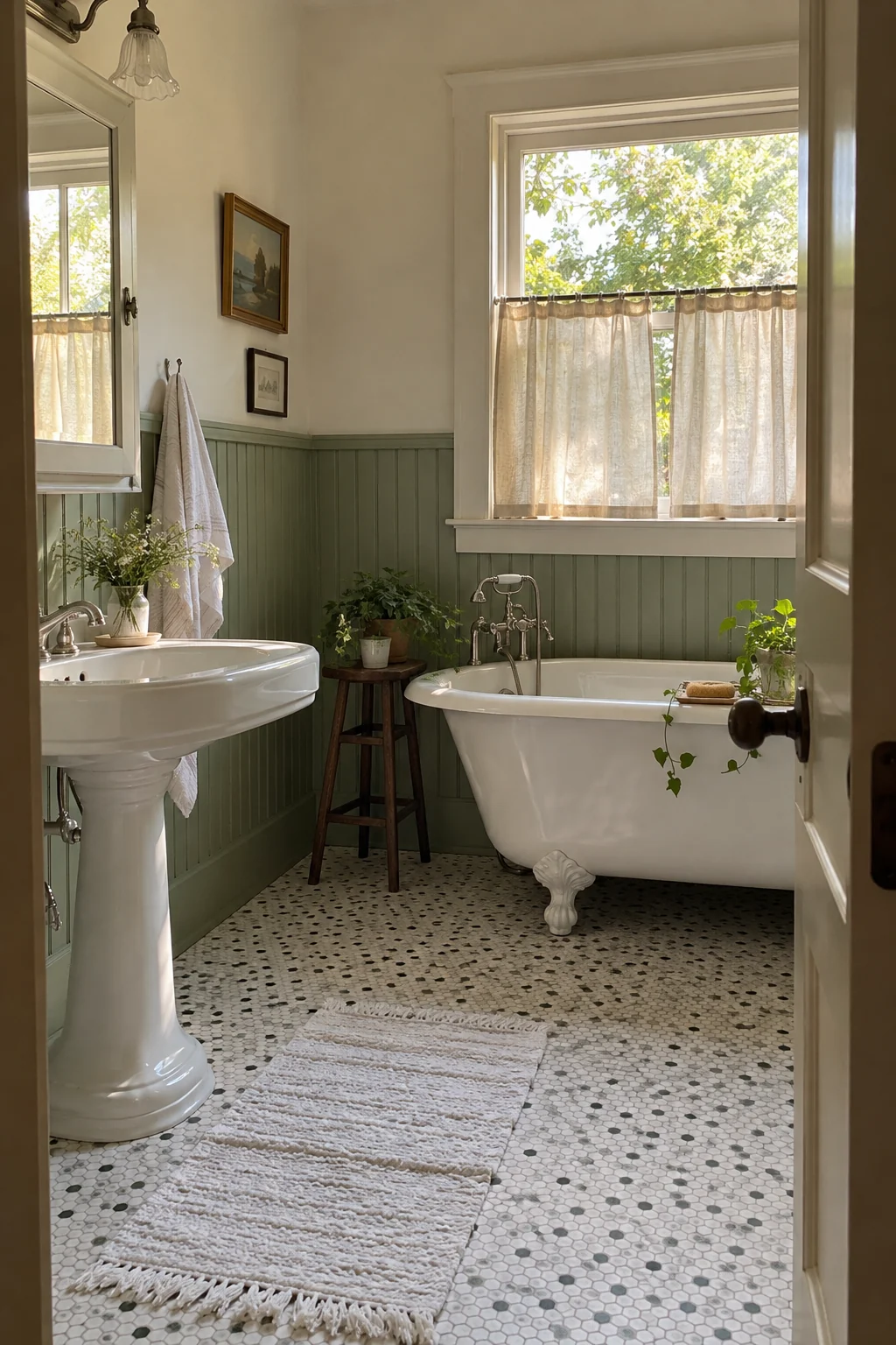Linen café curtains on a dry-zone bathroom window