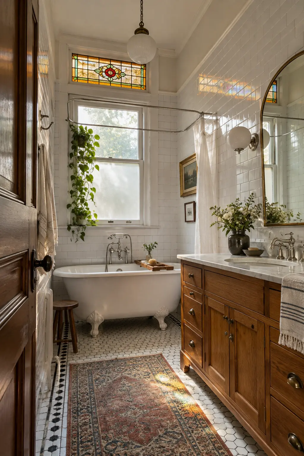 Vintage bathroom with a stained-glass transom above the door