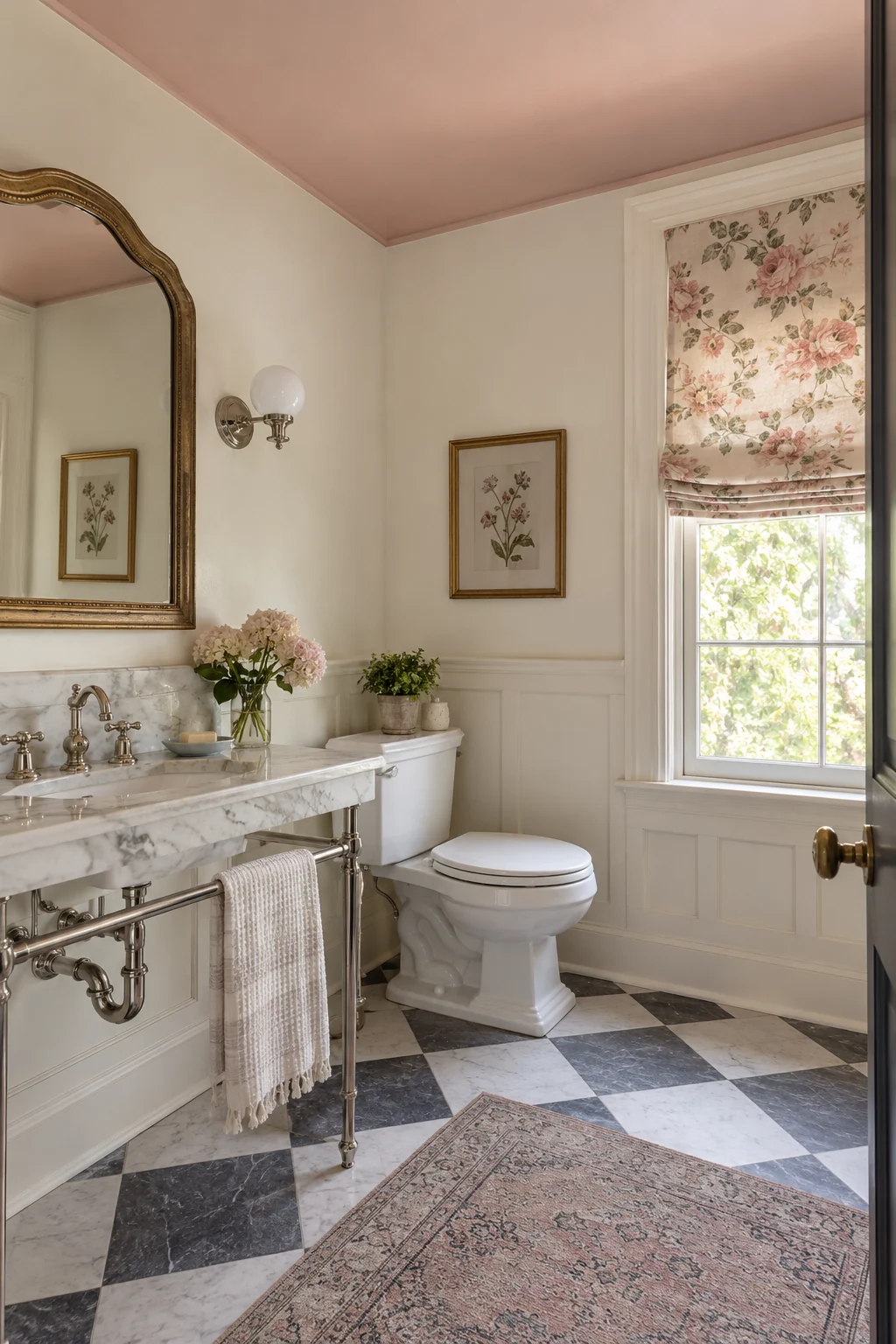 Vintage bathroom with a soft blush-painted ceiling