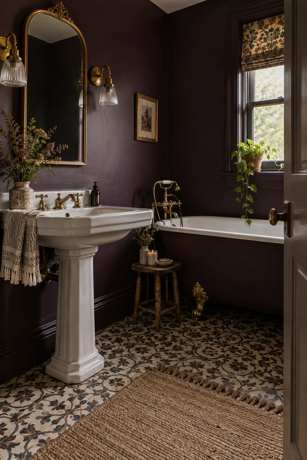 Moody aubergine Victorian bathroom with white porcelain fixtures