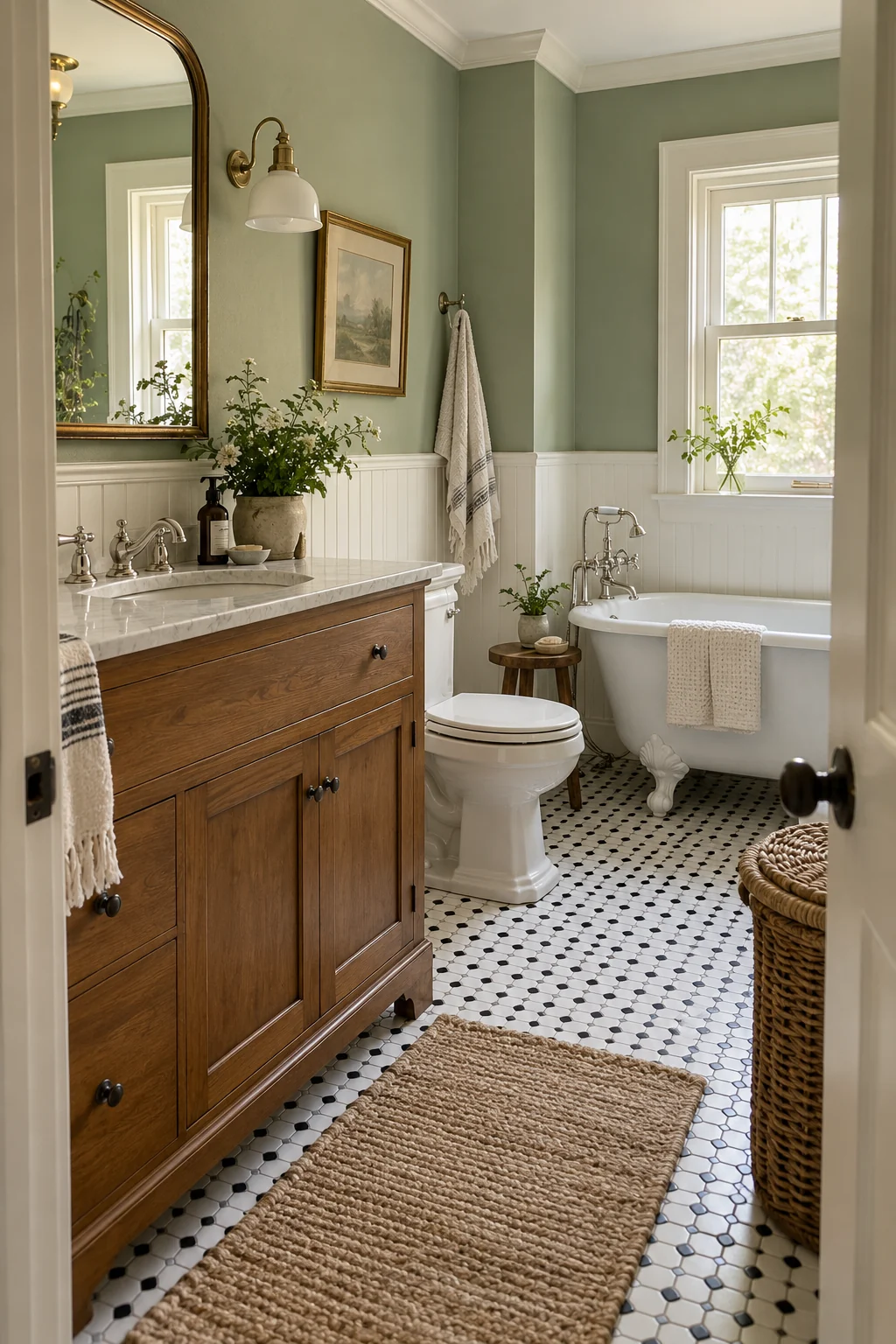 Pale sage cottage bathroom with warm wood and white beadboard