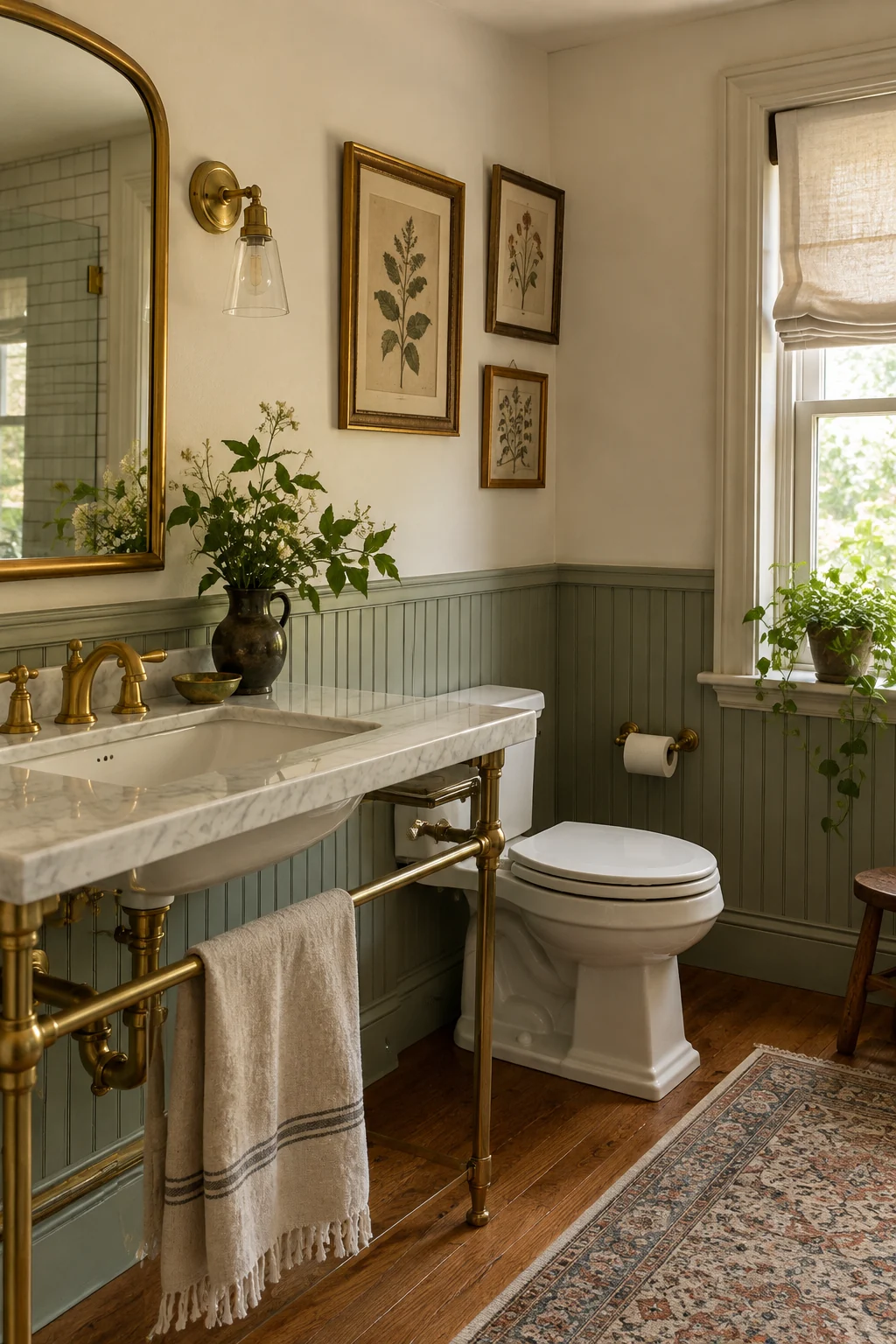 Small botanical gallery wall in a vintage bathroom