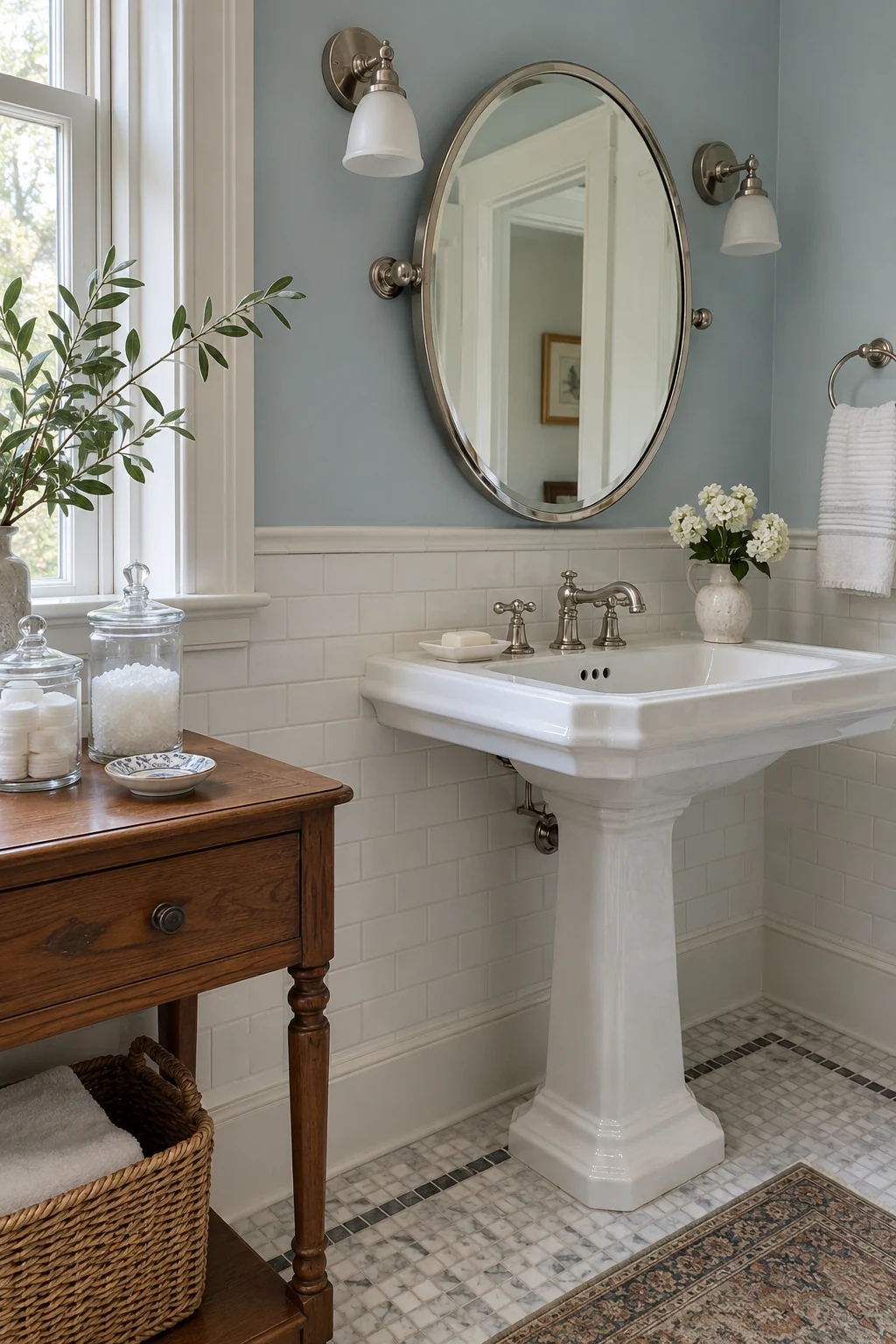 Pedestal sink styled with two practical apothecary jars