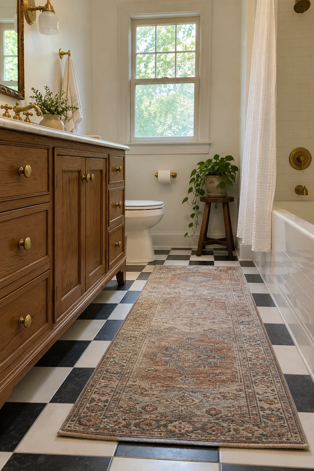 Vintage runner secured on a checkerboard bathroom floor