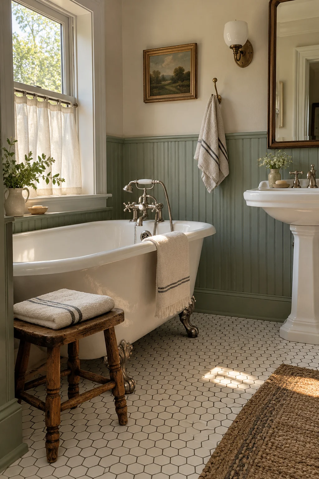 Sturdy oak stool placed safely beside a clawfoot tub