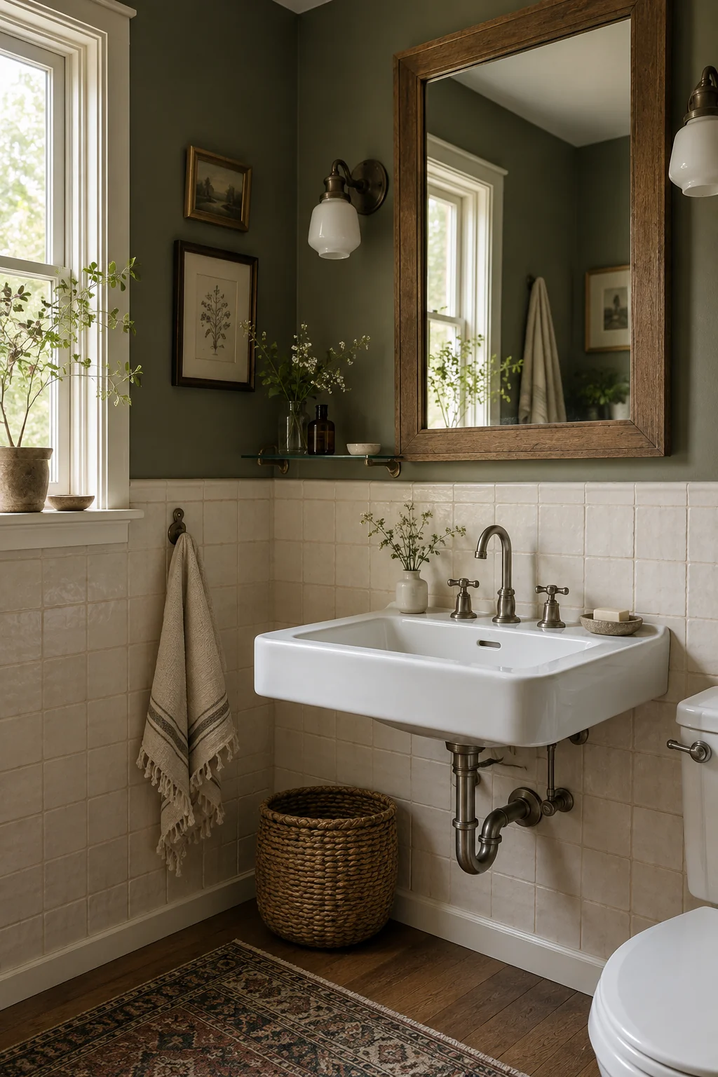Wall sink beneath a reclaimed-oak framed mirror