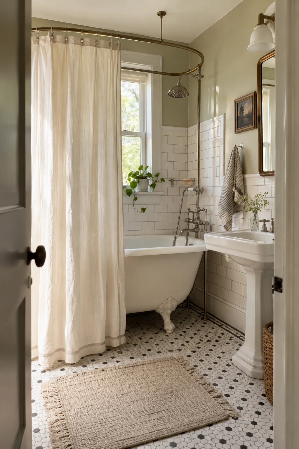 Clawfoot tub shower with a ceiling-mounted oval curtain track