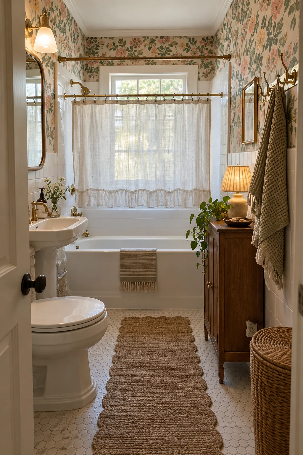 Renter-friendly bathroom with removable floral wallpaper and freestanding storage