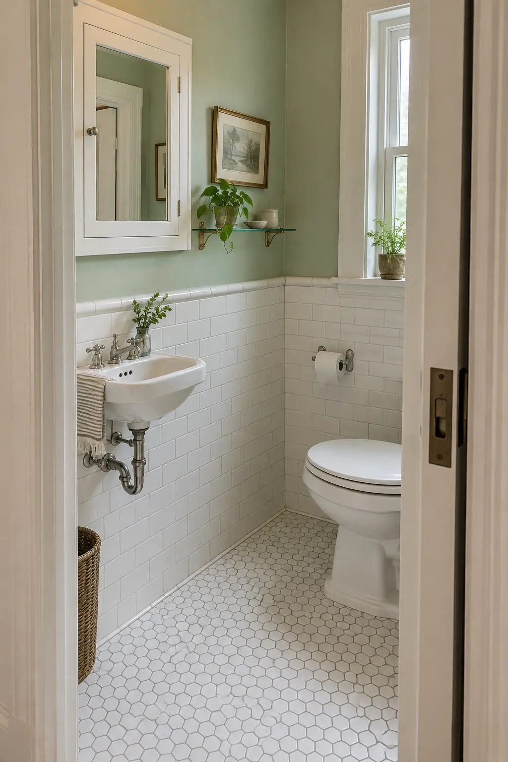 Tiny vintage bathroom with wall-mounted fixtures and open floor