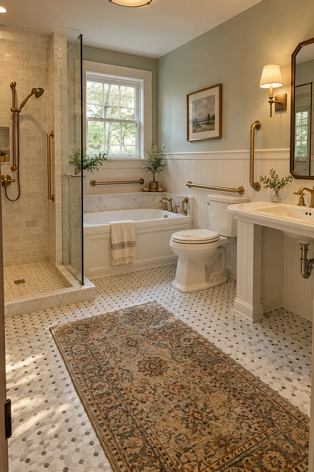 Accessible vintage-inspired bathroom with rated brass grab bars