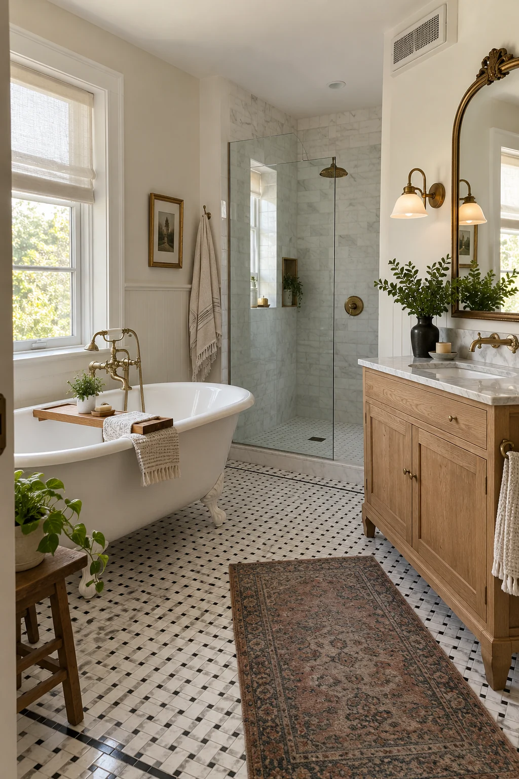 Bathroom blending a restored clawfoot tub with a quiet modern shower