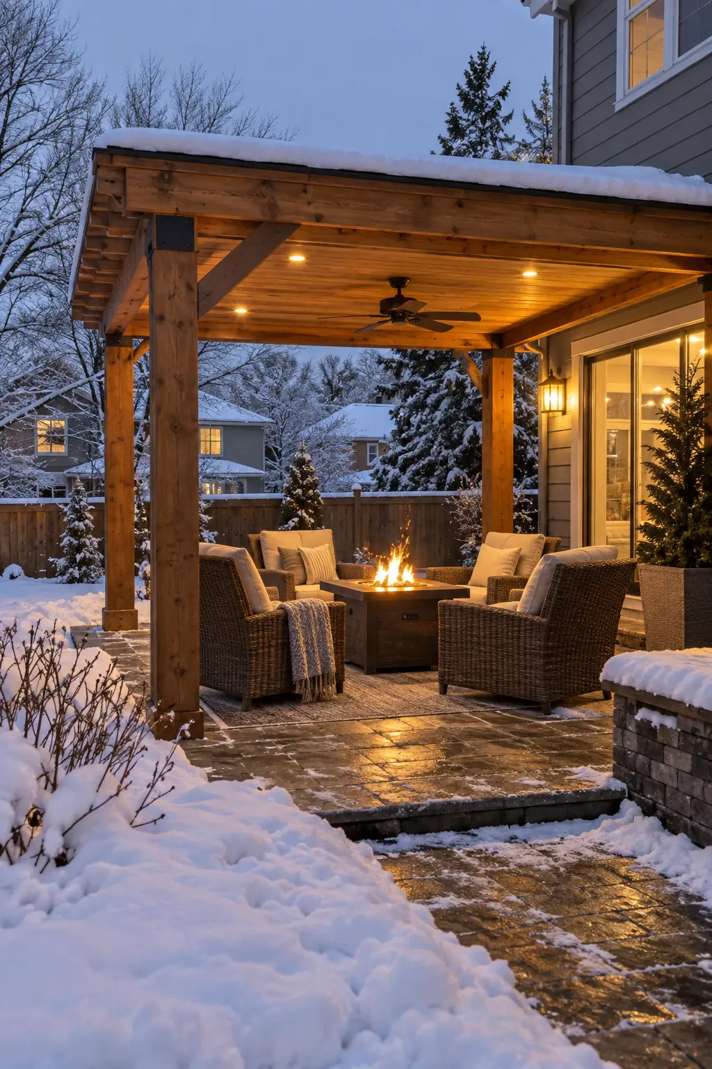 Build One Protected Seating Area in a winter backyard