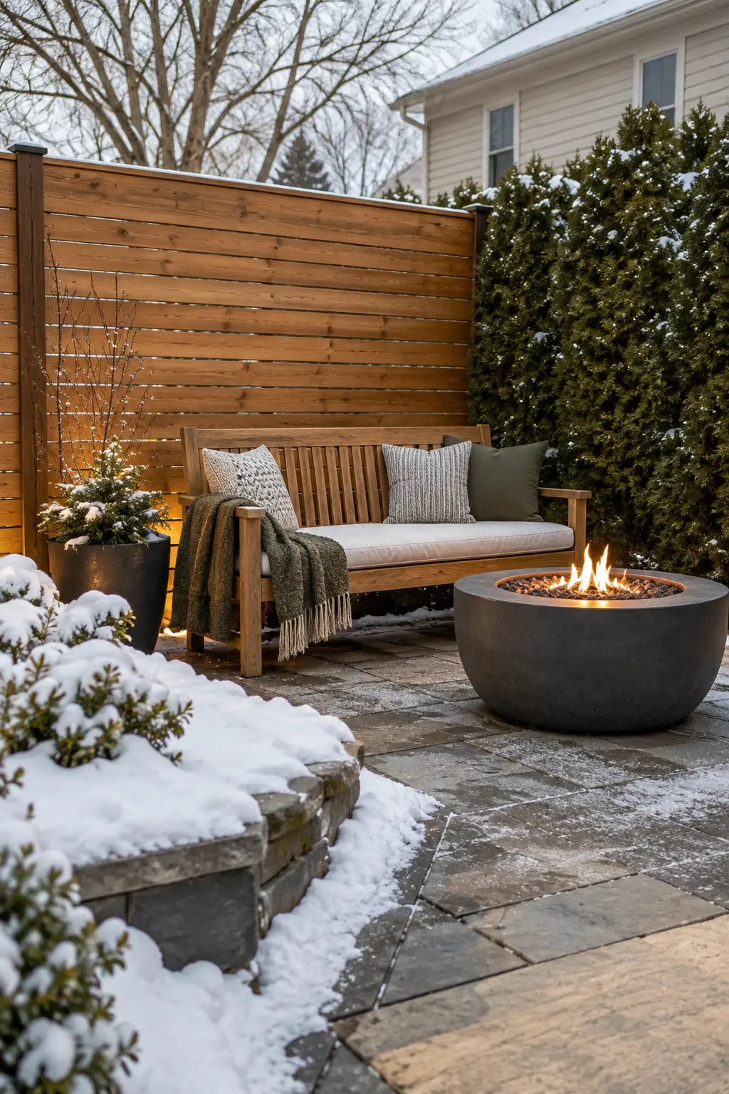 Place Seating With Its Back to the Wind in a winter backyard