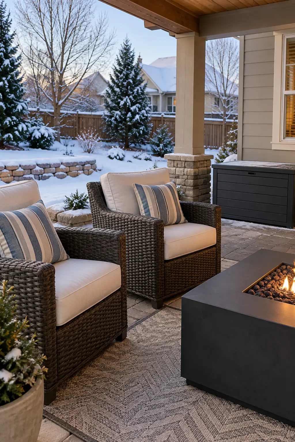 Add Quick-Dry Outdoor Cushions in a winter backyard