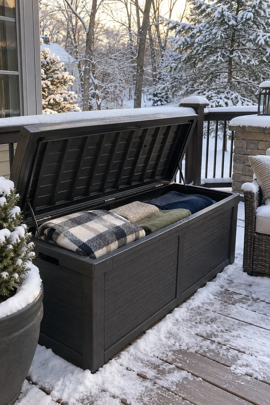 Keep Blankets in a Lidded Deck Box in a winter backyard