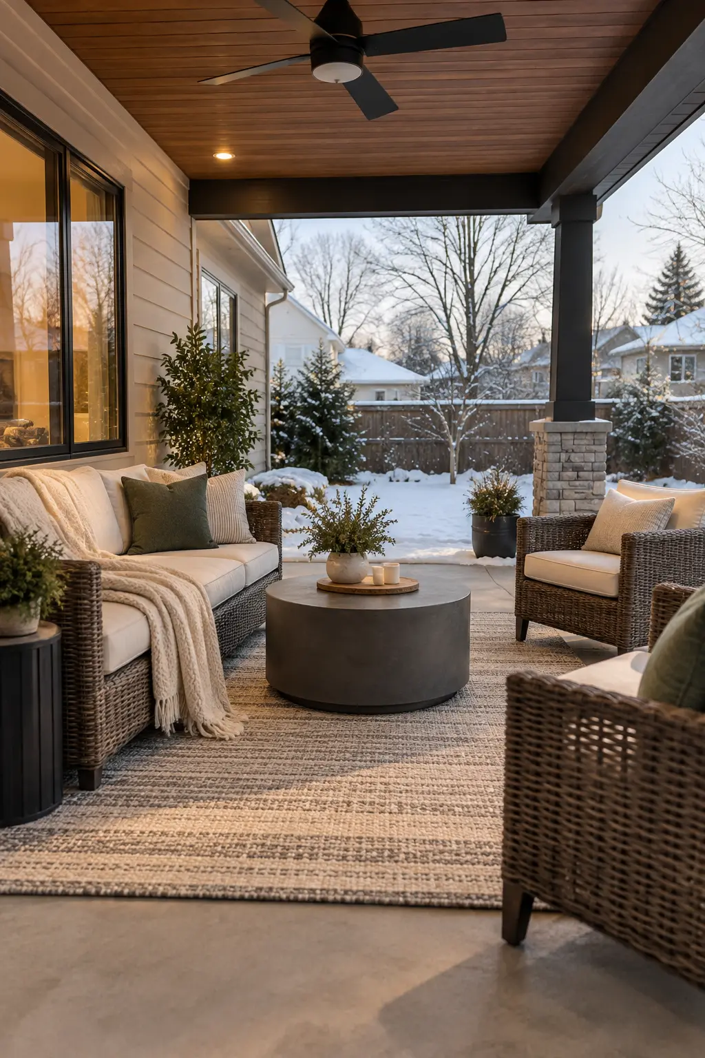 Anchor the Zone With an Outdoor Rug in a winter backyard
