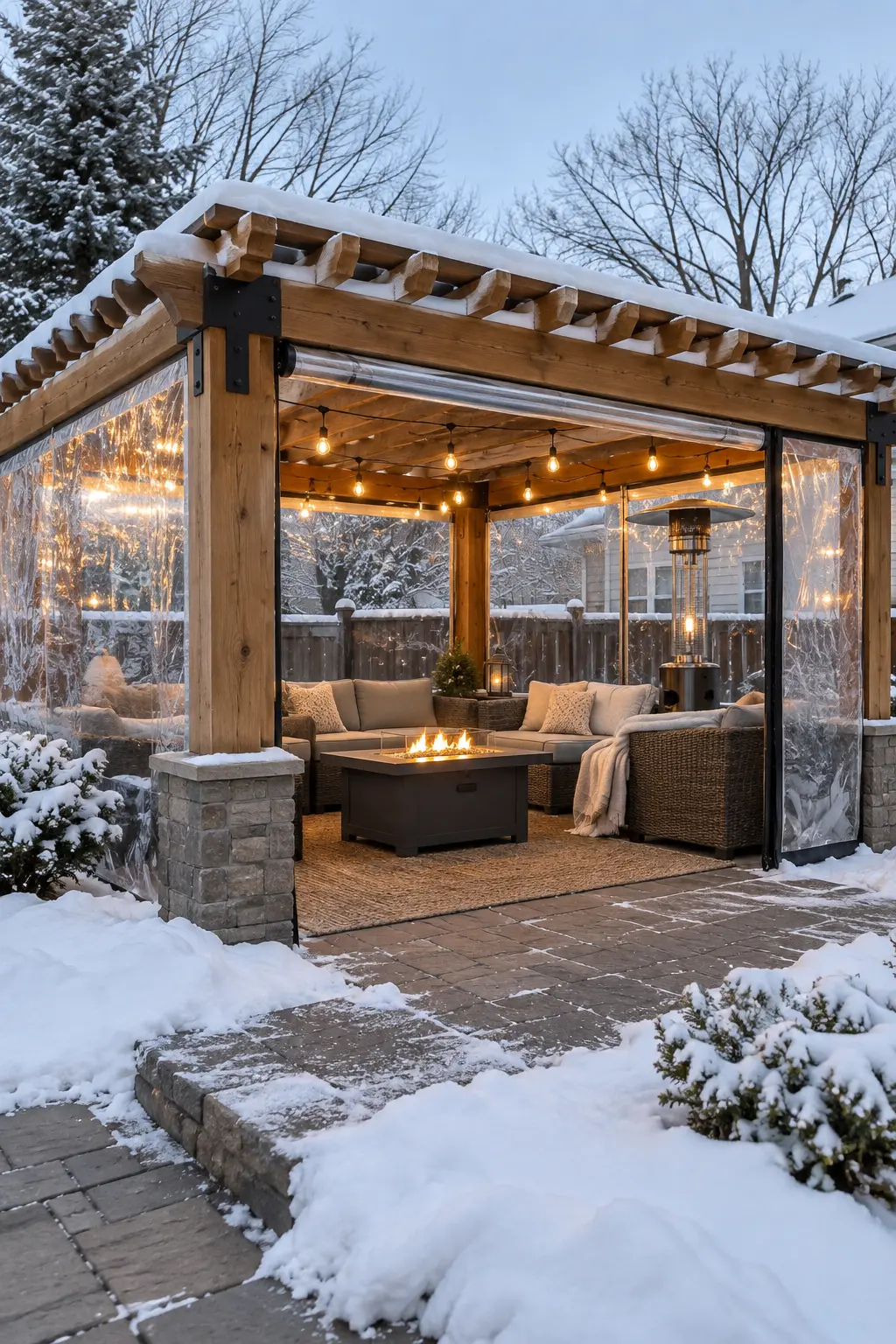 Turn a Pergola Into a Winter Room in a winter backyard