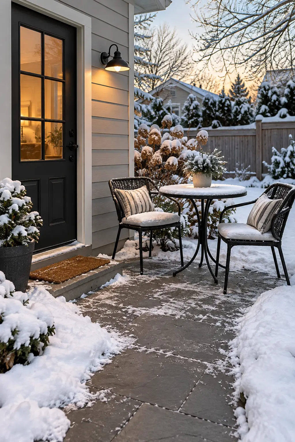 Use a Small Bistro Setup Near the Door in a winter backyard