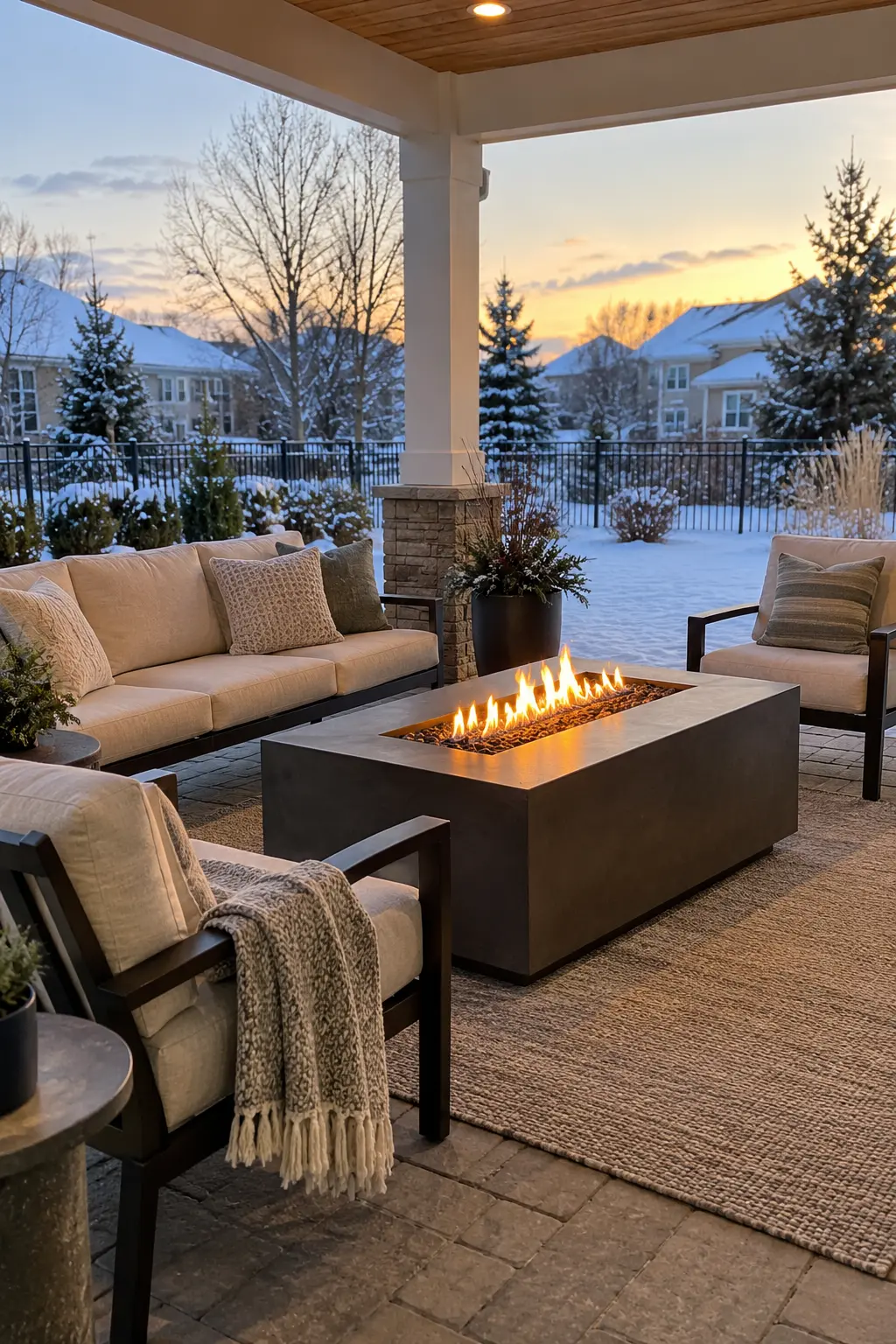 Use a Gas Fire Table for Fast Warmth in a winter backyard